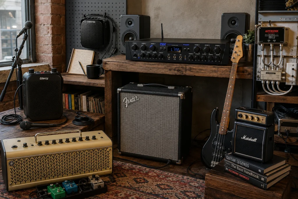 Seven amplifier category winners displayed together inside a studio loft workspace including Yamaha THR30II Wireless, Fender Rumble 25 V3, Marshall MS-2R, Pyle home audio amplifier, Zoweetek voice amplifier, Giecy PA system, and Antronix residential amplifier