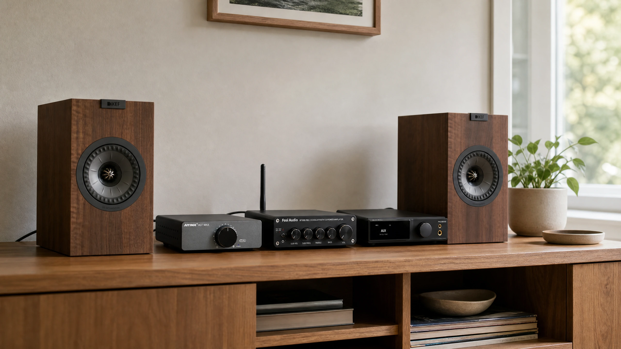 Compact mini stereo amplifiers and KEF bookshelf speakers in a natural-light home audio setup