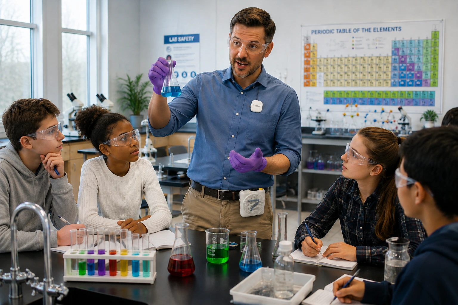 Science teacher using the 7RYMS WA2 wireless magnetic voice amplifier during a hands-on chemistry lesson