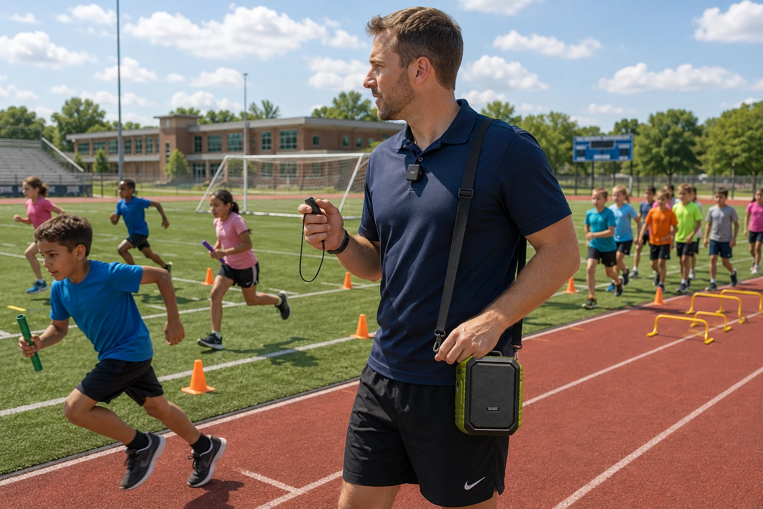 Physical education teacher using the HAOWORKS 18W waterproof wireless voice amplifier during an outdoor athletics class