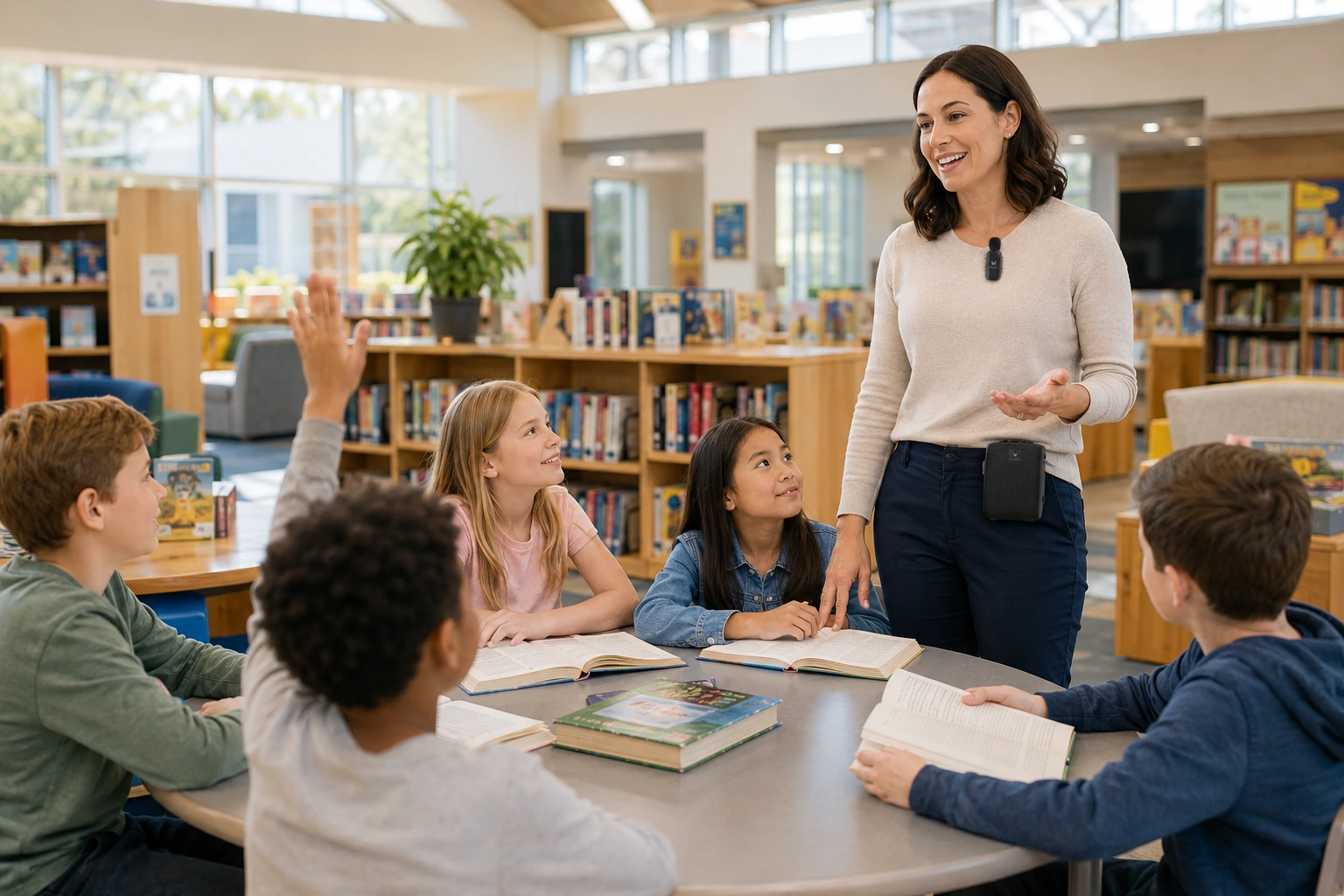 Teacher using the WinBridge WB005 Bluetooth voice amplifier with wireless lavalier microphone during a small-group lesson in a school library