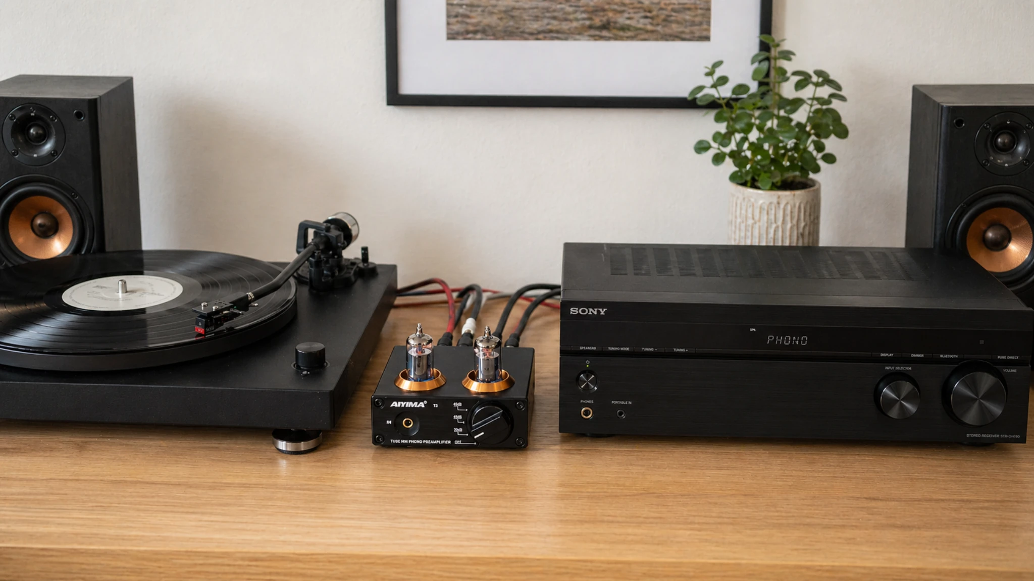 Sony STR-DH190 stereo receiver connected to turntable and bookshelf speakers