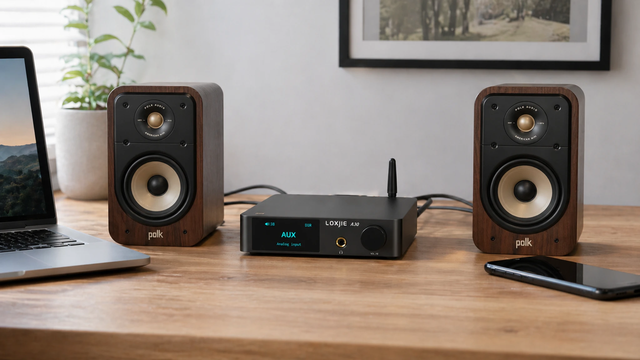 Loxjie A30 compact amplifier with Polk bookshelf speakers in a modern desktop audio setup
