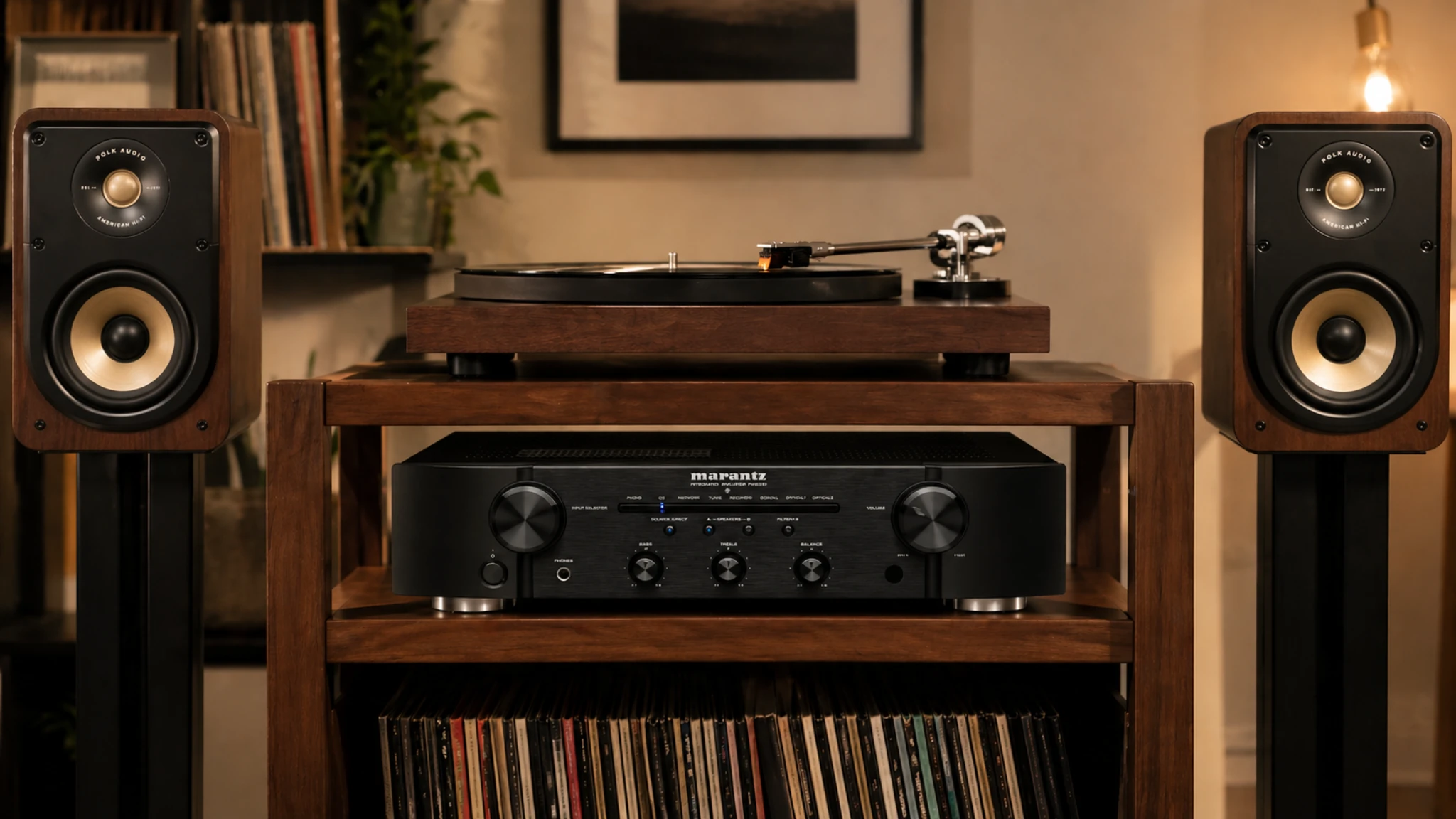 Marantz PM6007 integrated amplifier with turntable and bookshelf speakers in a premium vinyl listening setup