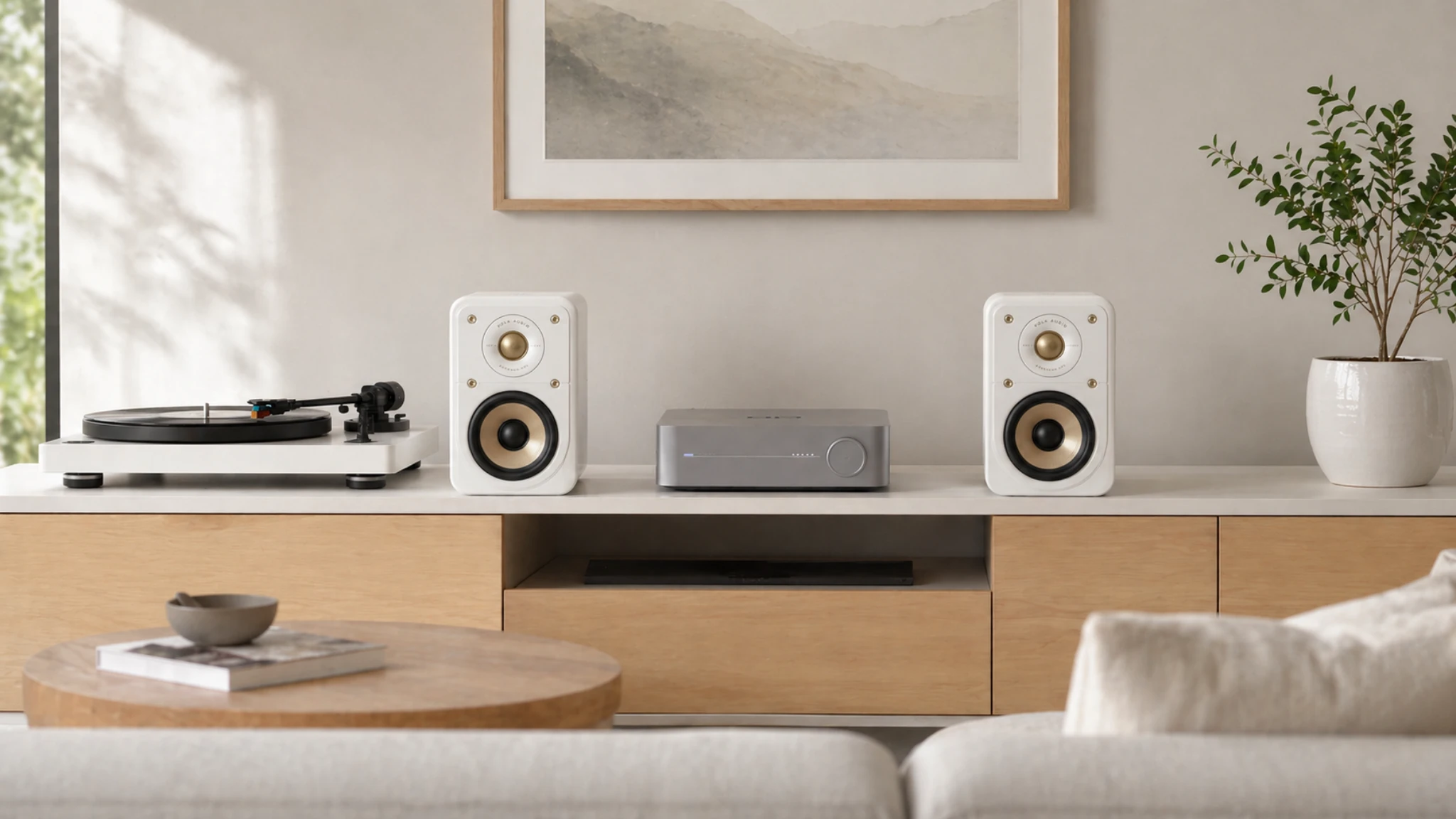 WiiM Amp compact streaming amplifier with bookshelf speakers and turntable in a modern living room setup