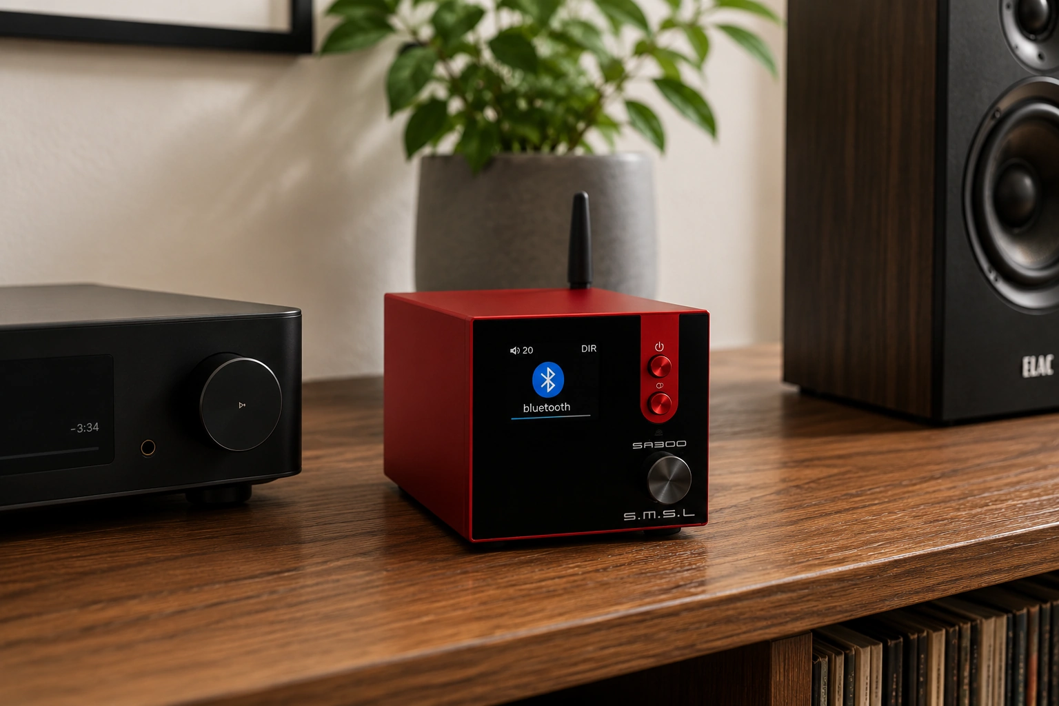 SMSL SA300 compact digital stereo amplifier on a walnut desktop Hi-Fi setup with bookshelf speakers