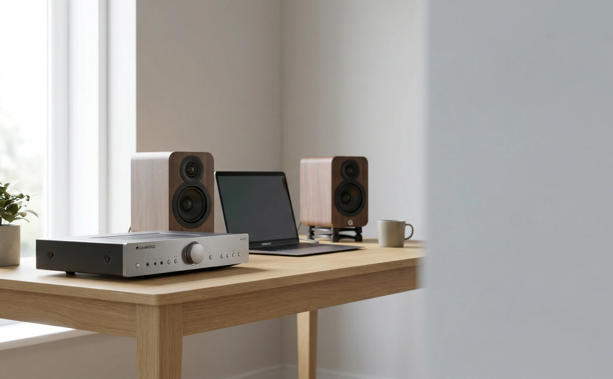 Cambridge Audio AXA35 amplifier in a clean small-room desktop setup with bookshelf speakers