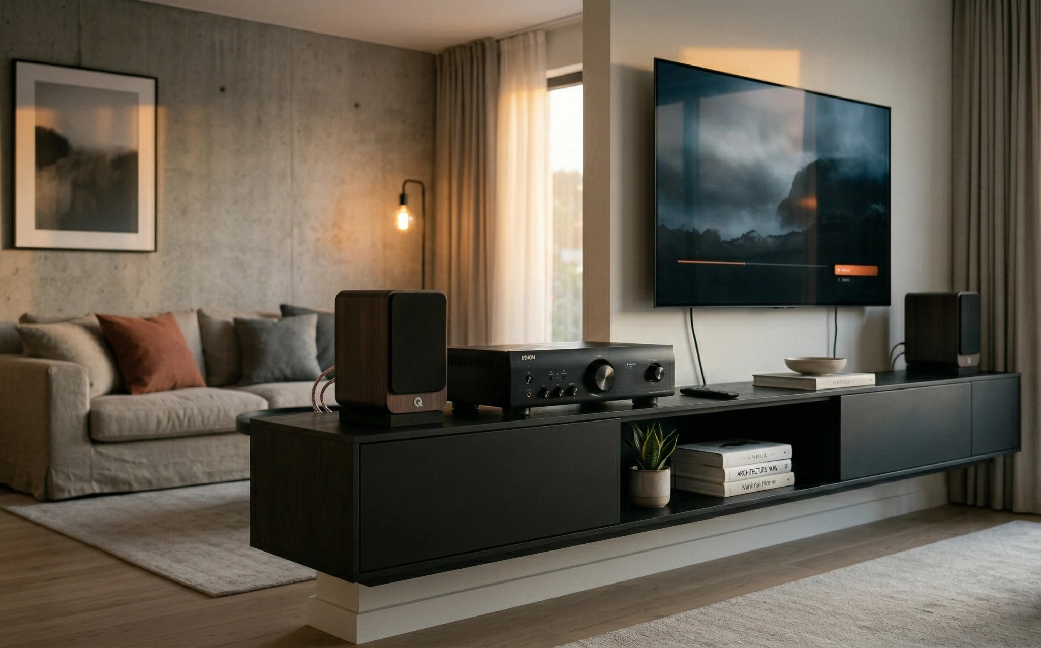 Denon PMA-600NE amplifier in modern home audio setup with speakers