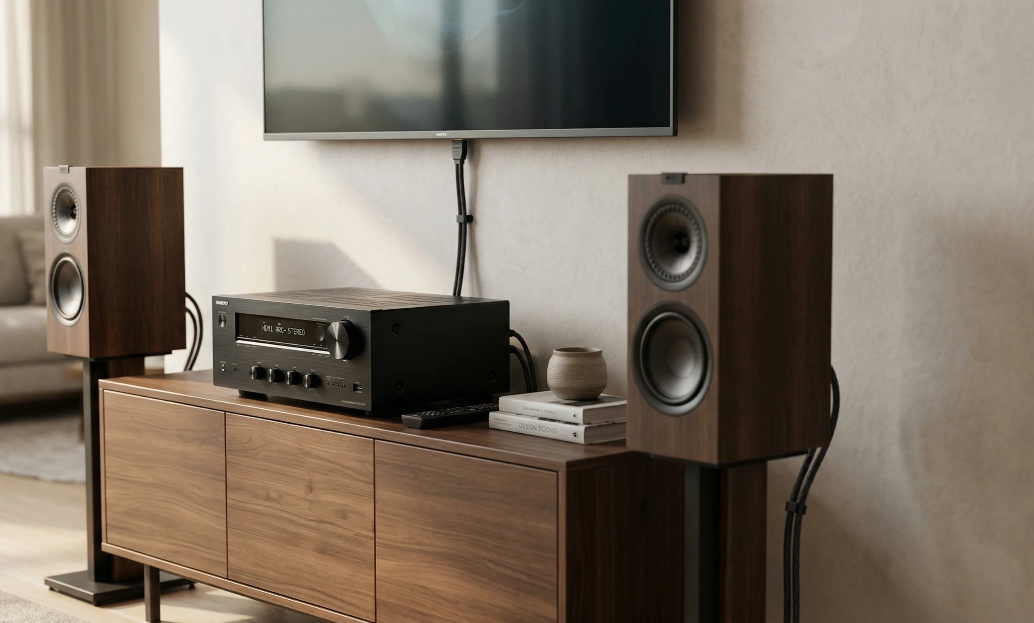 Onkyo TX-8470 premium stereo receiver in a modern home audio setup with bookshelf speakers and TV