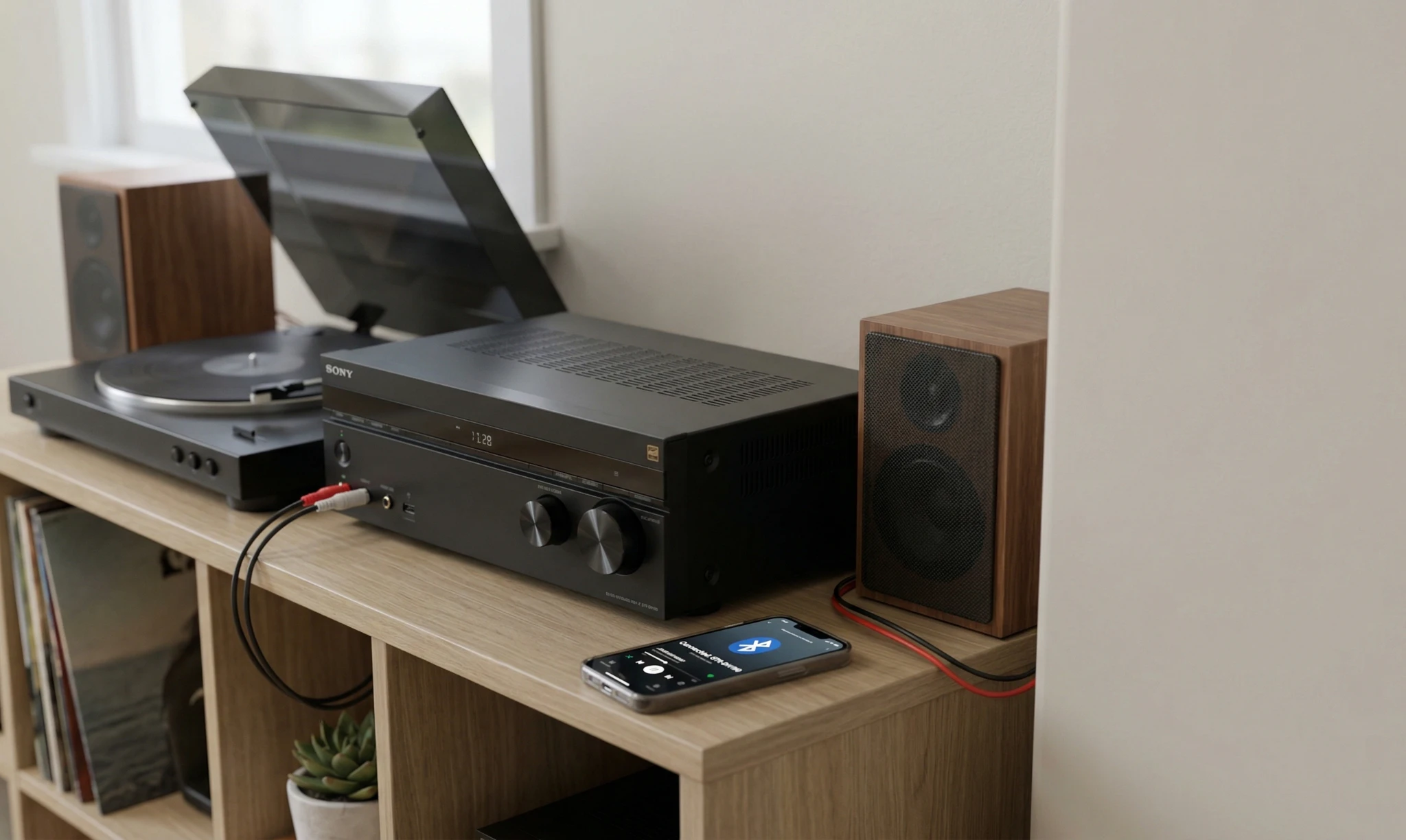 Sony STR-DH190 stereo receiver in a budget home audio setup with turntable and bookshelf speakers