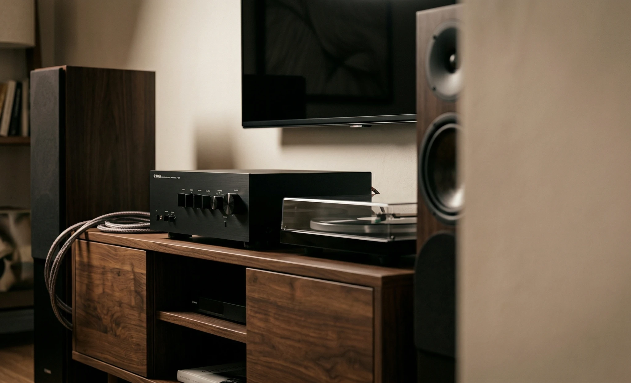 Yamaha A-S501 integrated amplifier in a home audio setup with turntable and floorstanding speakers