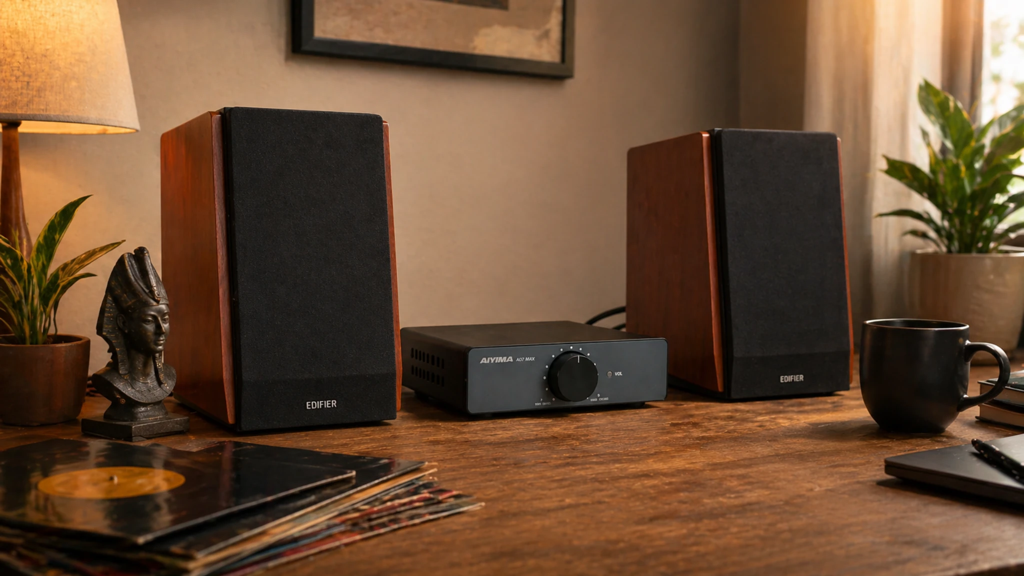 AIYIMA A07 MAX stereo amplifier in a minimalist desktop speaker setup