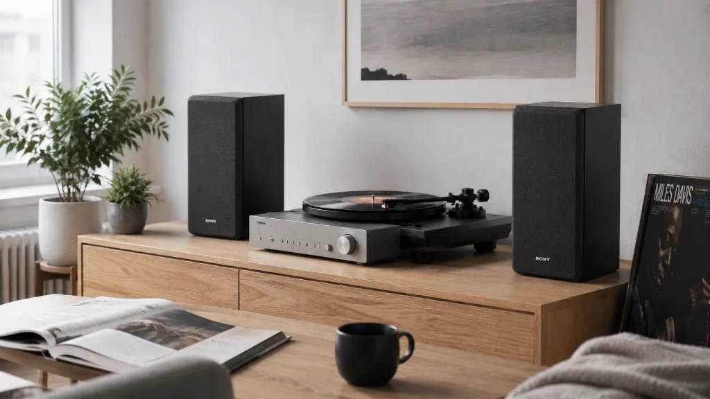Sony SS-CS5 bookshelf speakers in a Scandinavian-inspired home audio listening room with turntable and stereo amplifier