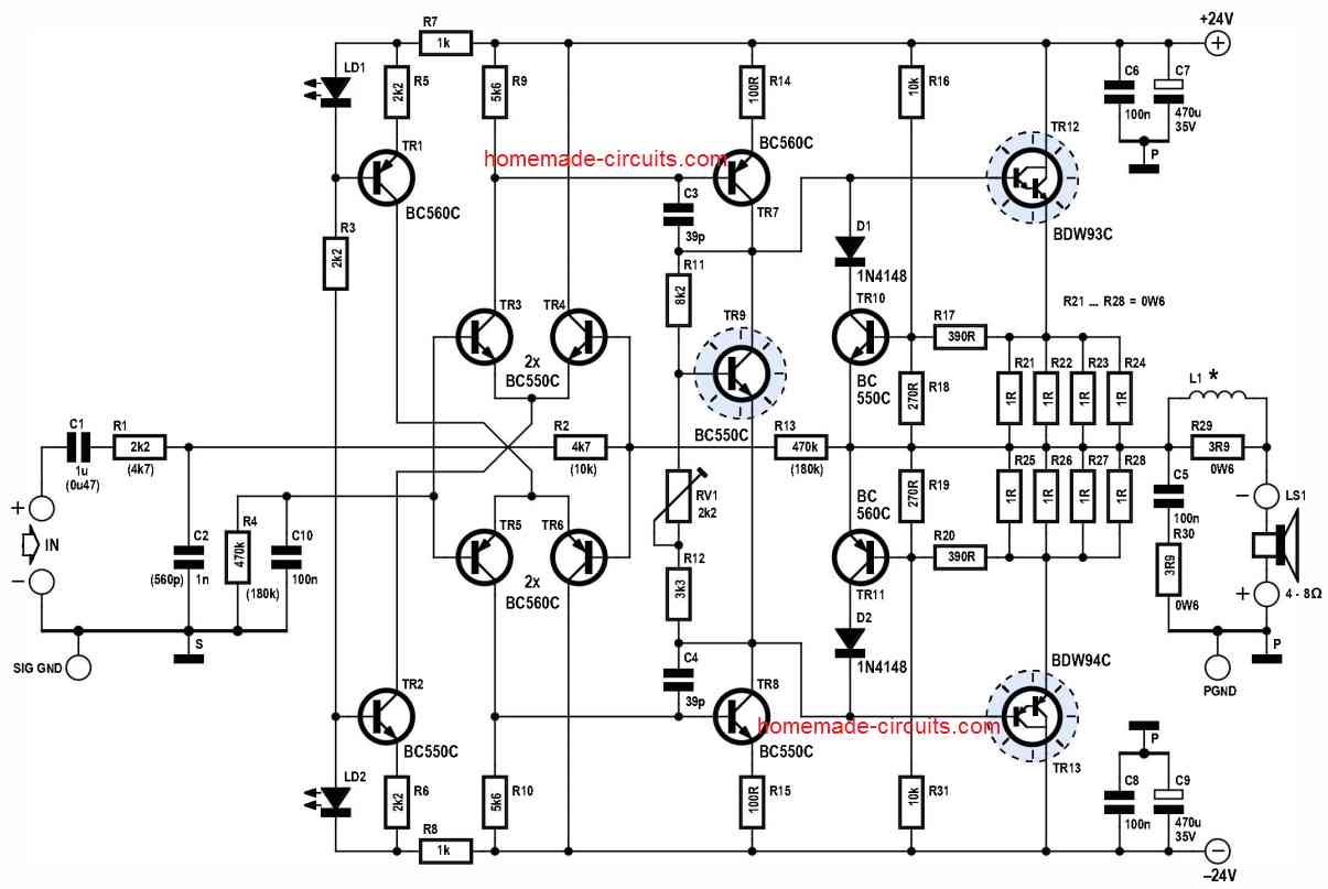 Amplifier wattage circuit diagram showing power, voltage, and current relationships