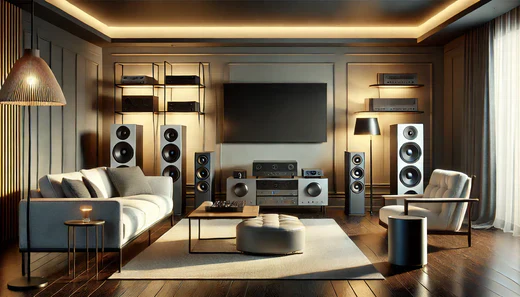 A stylish modern Livingroom showcasing various home audio system components including floor-standing speakers a sound bar a subwoofer.