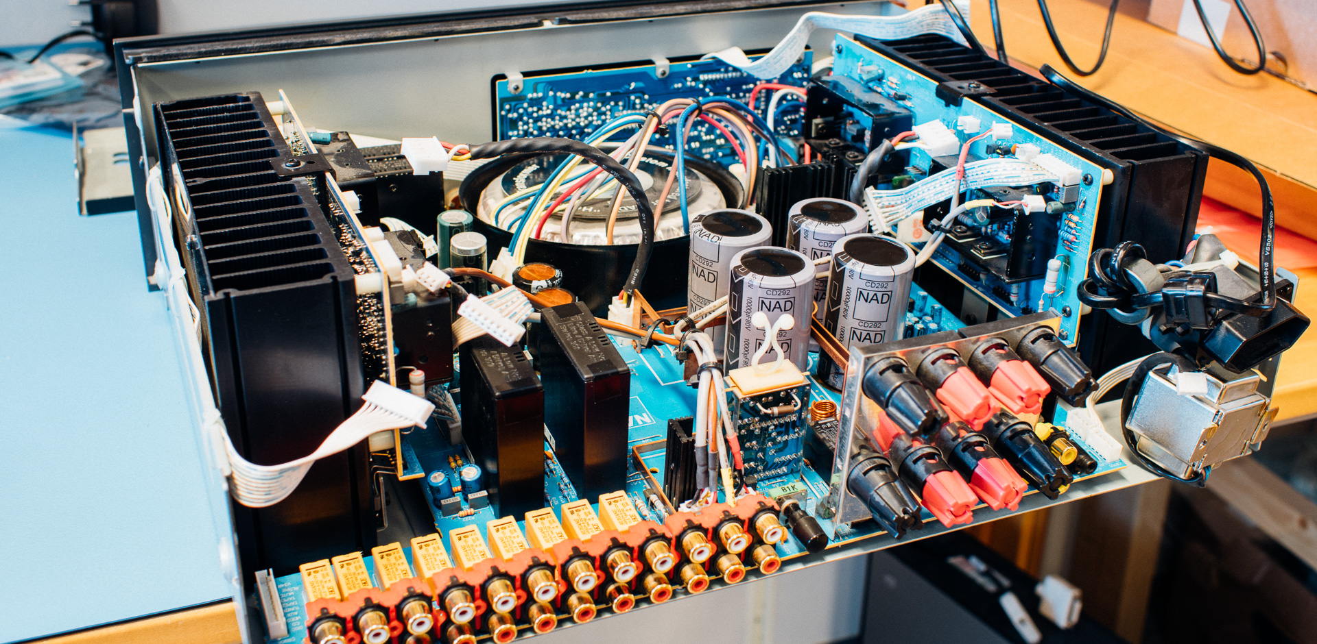 internal amplifier circuit board with capacitors and wiring