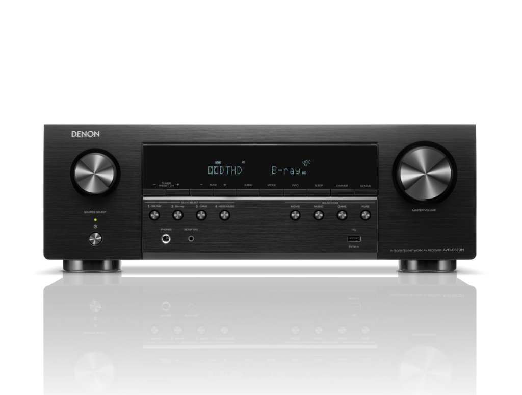 Denon AVR-S670H 8K AV receiver front panel with display and control knobs.