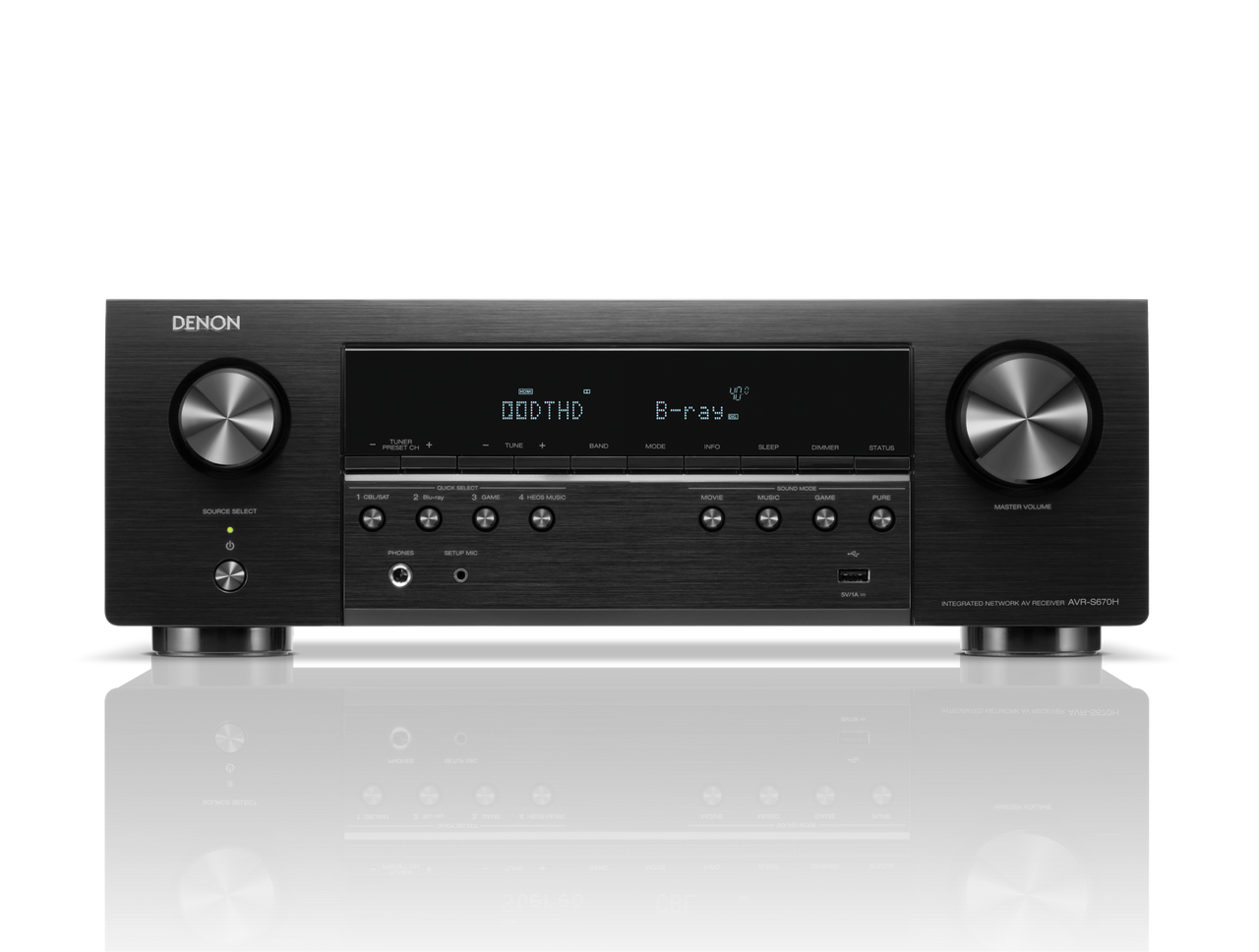 Denon AVR-S670H 8K AV receiver front panel with display and control knobs.