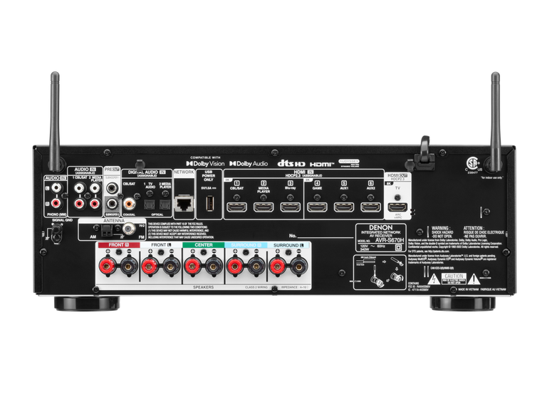 Denon AVR-S670H rear panel showing HDMI inputs, speaker terminals, and network ports.