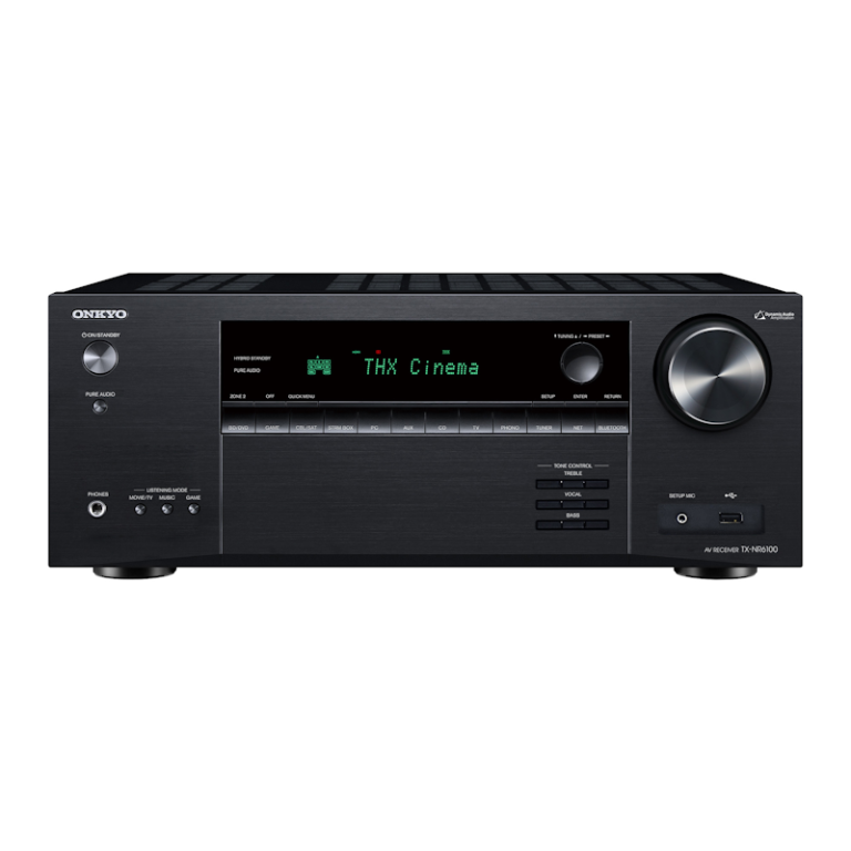 Onkyo TX-NR6100 7.2-channel AV receiver front panel showing display and control knobs.