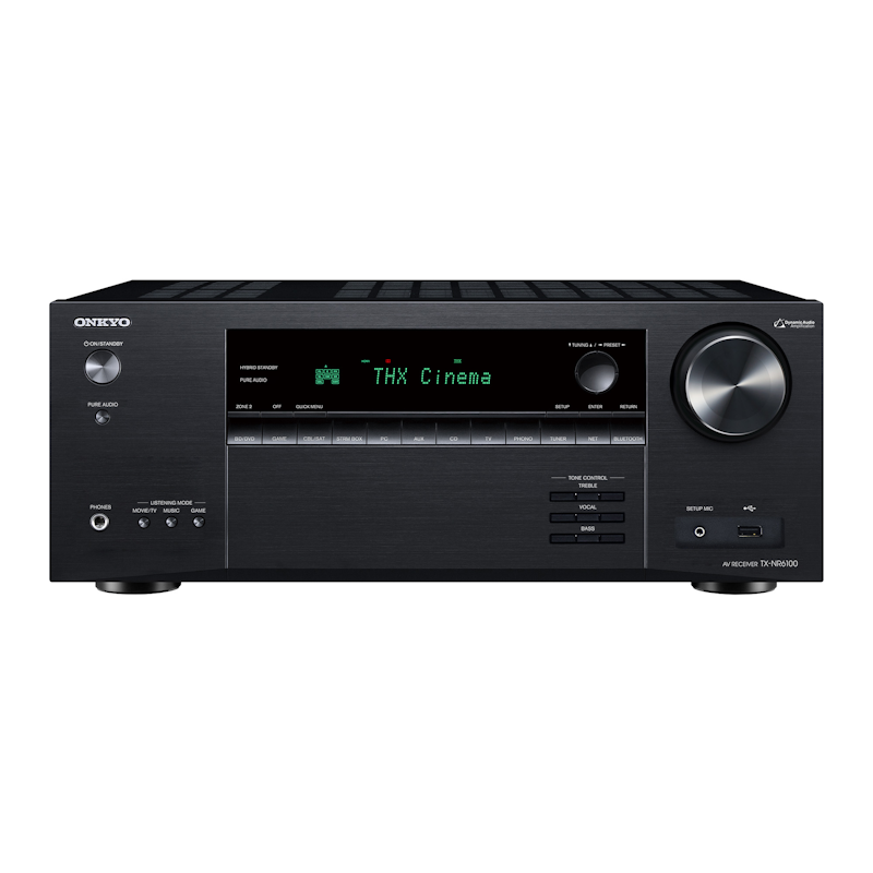 Onkyo TX-NR6100 7.2-channel AV receiver front panel showing display and control knobs