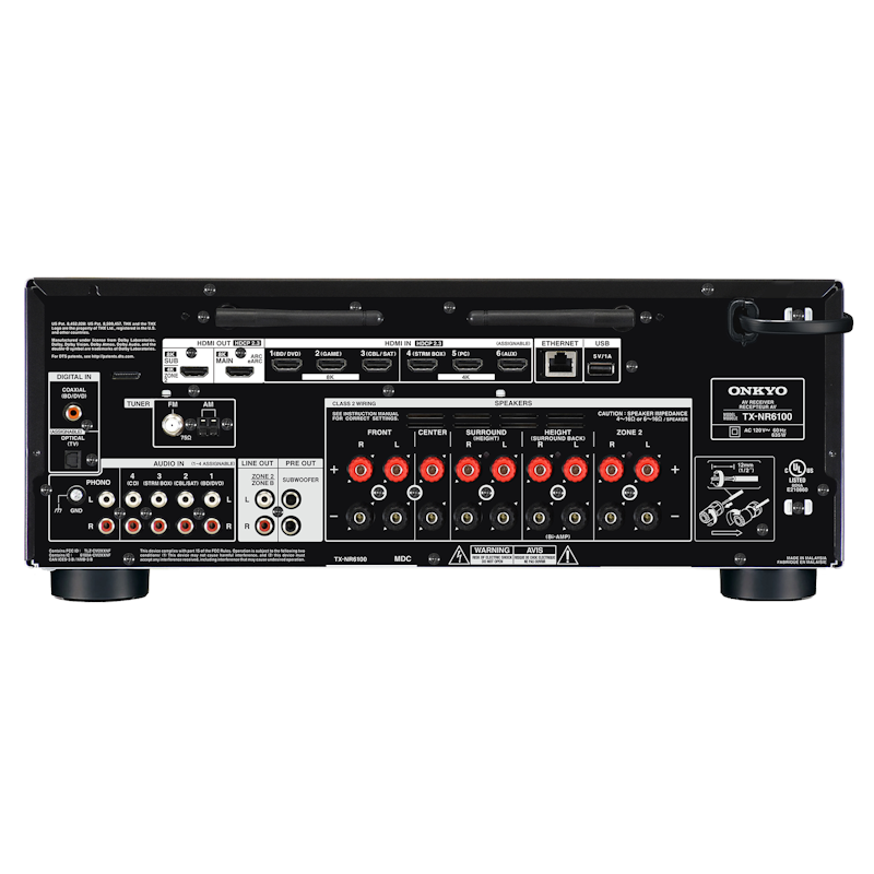 Onkyo TX-NR6100 rear panel with HDMI 2.1 inputs, speaker terminals, and network connections