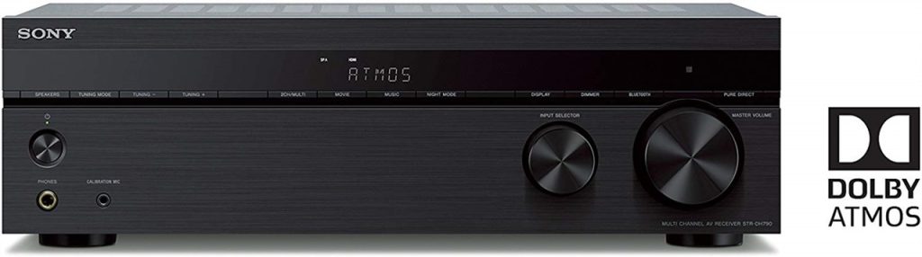 Sony STR-DH790 7.2-channel AV receiver front panel showing volume knob, display, and controls.