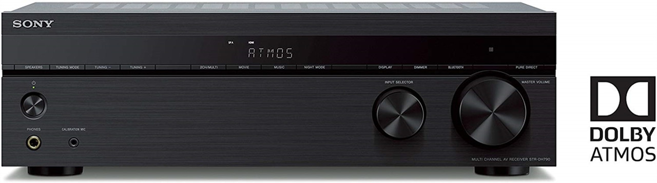 Sony STR-DH790 7.2-channel AV receiver front panel showing volume knob, display, and controls.