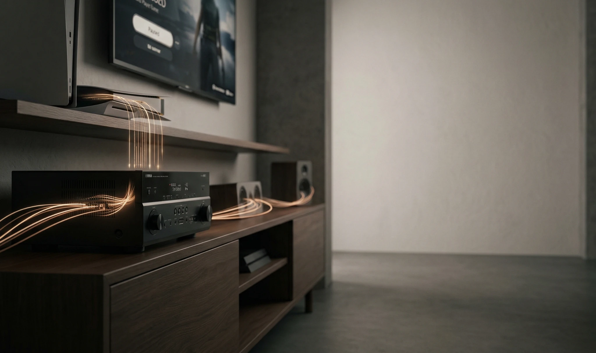 AV receiver acting as central hub routing audio and video signals from TV and console to surround speakers