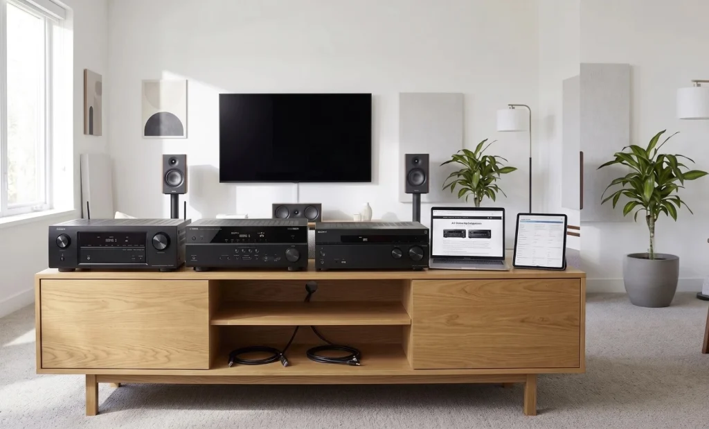 Best AV receivers under $1000 in a modern home theater setup with multiple receivers and speakers