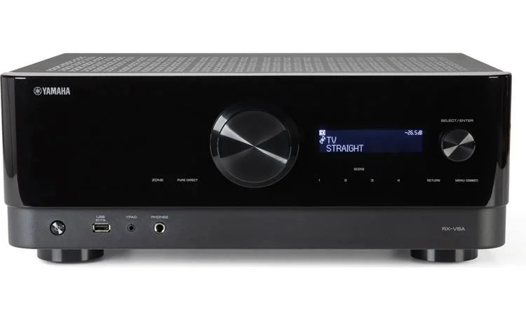 Yamaha RX-V6A AV receiver front angled view showing volume knob and display in Lunar Black finish