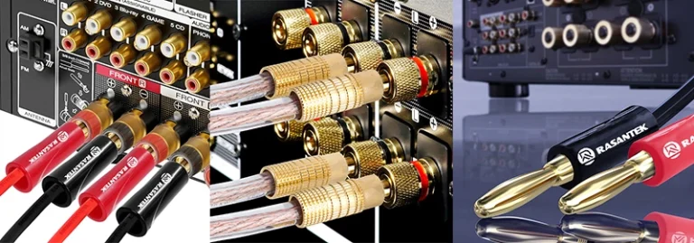Premium audiophile-grade speaker cable with banana connectors attached to amplifier terminals