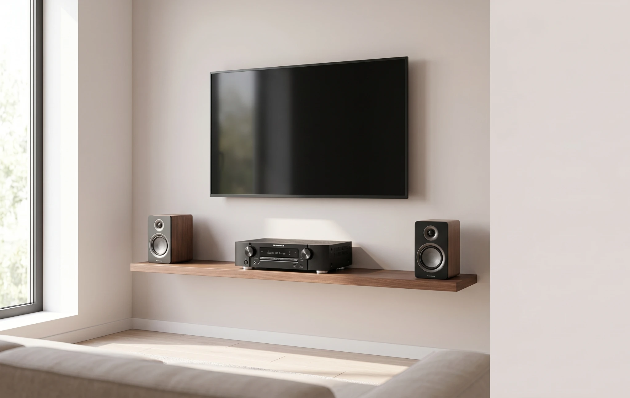 Marantz NR1510 slim AV receiver on a floating shelf with compact speakers