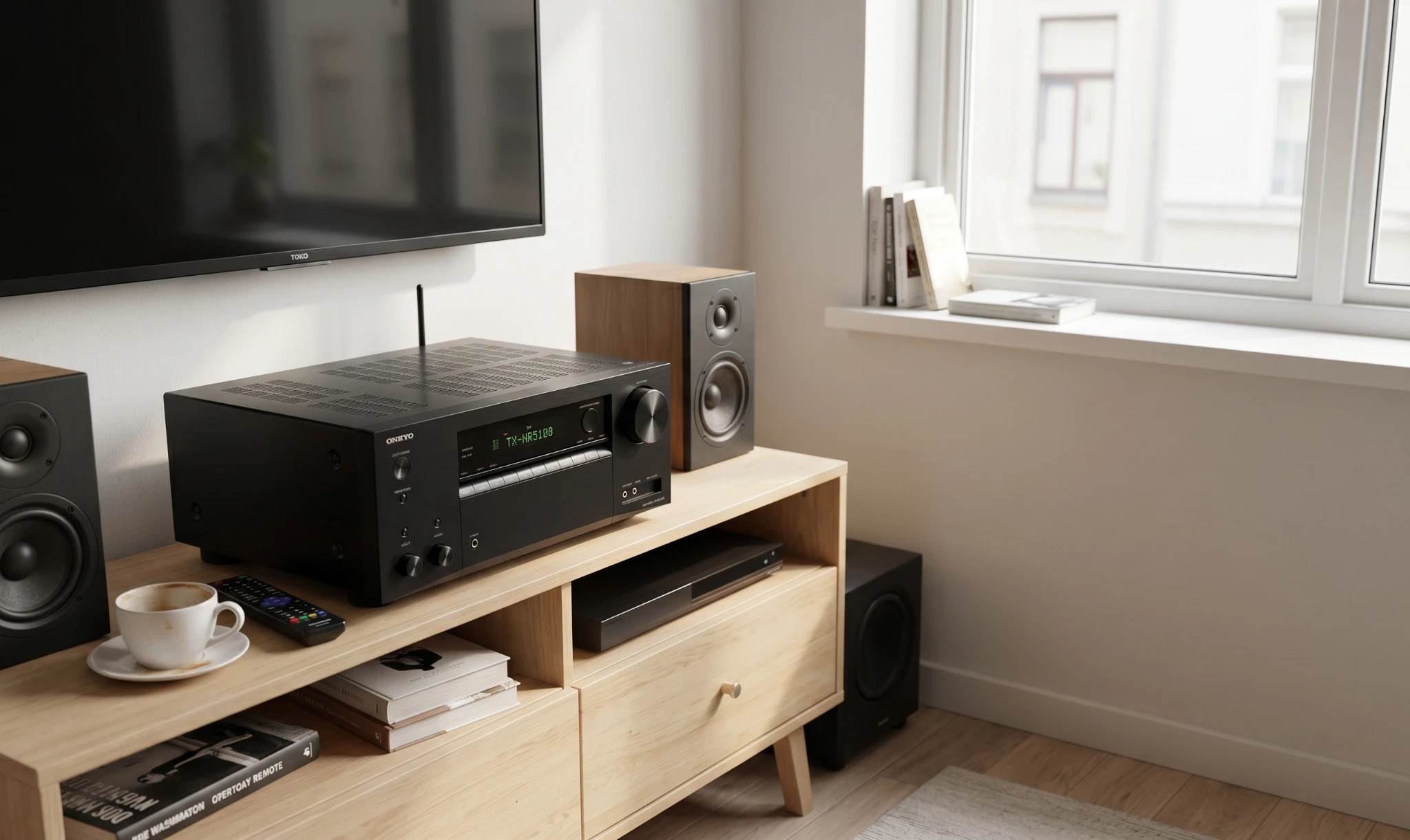 Onkyo TX-NR5100 AV receiver in a clean minimalist living room audio setup