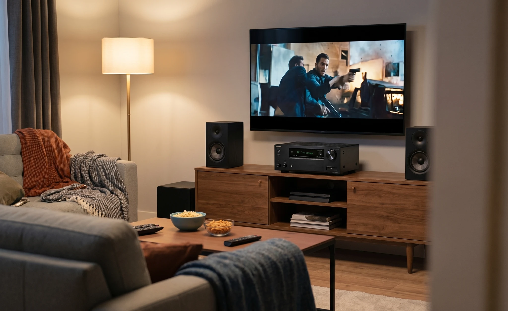 Onkyo TX-NR6100 AV receiver in a modern home theater setup with bookshelf speakers and TV