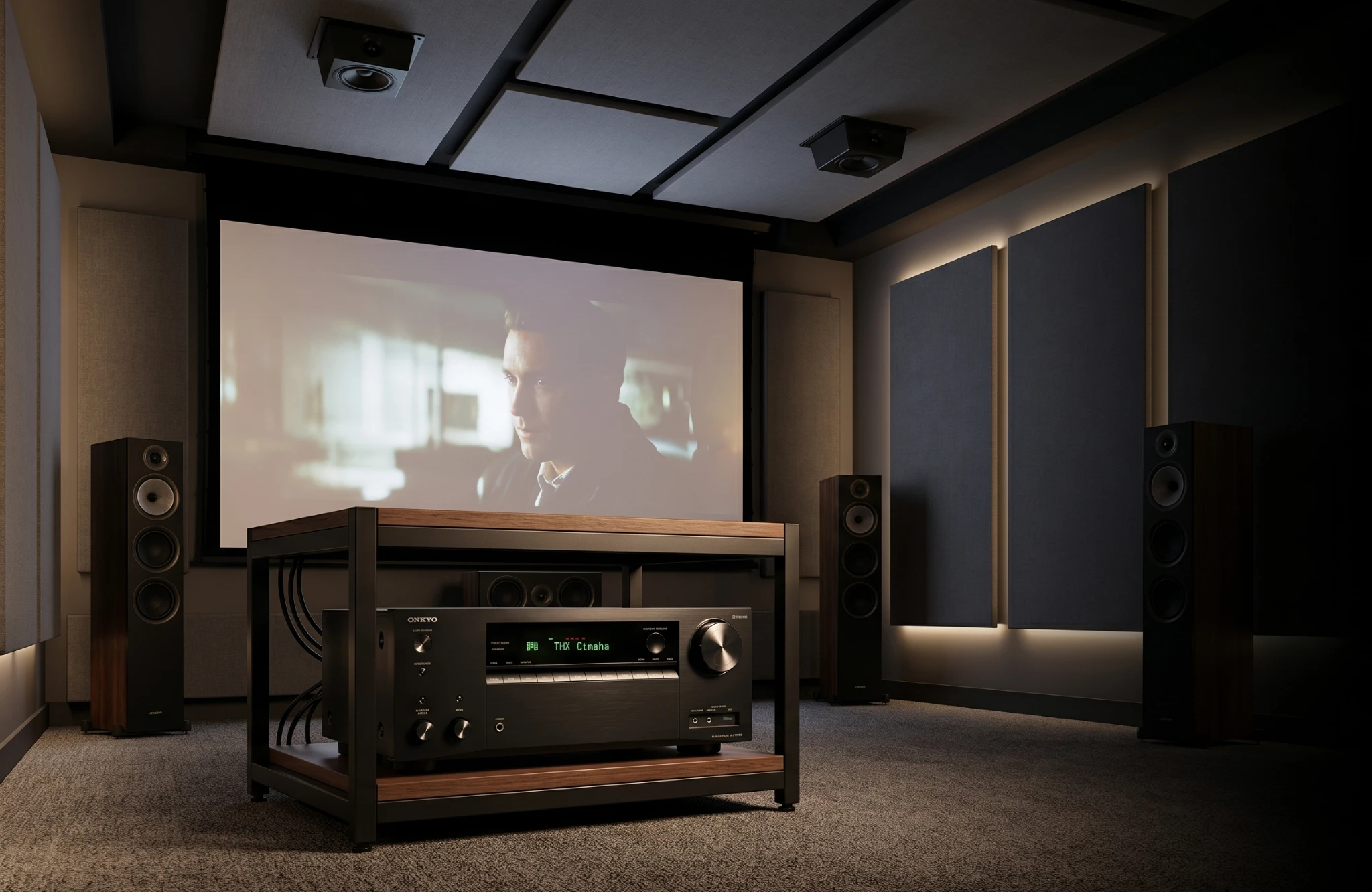 Onkyo TX-NR7100 AV receiver in a dedicated home theater room with projector and speakers