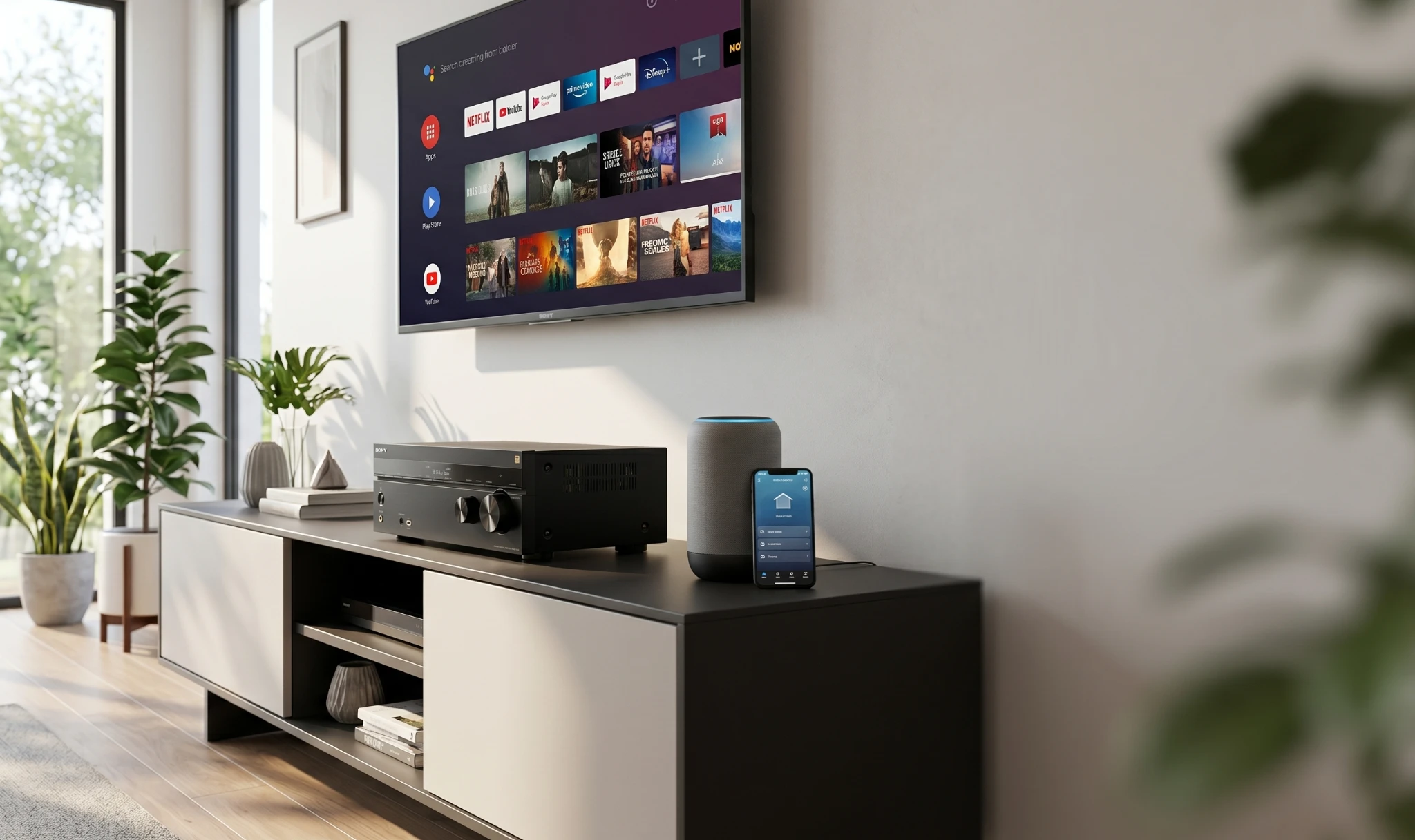 Sony STR-AN1000 AV receiver in a smart home living room with streaming setup