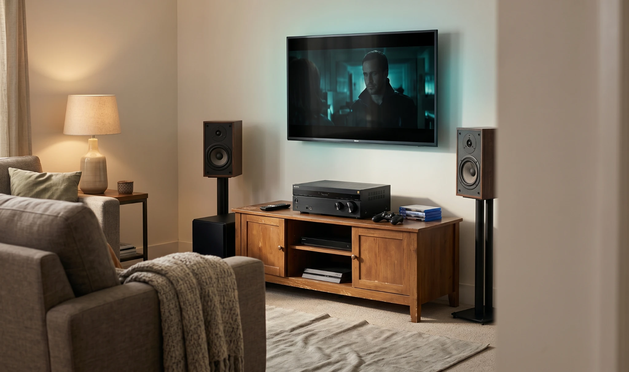 Sony STR-DH790 AV receiver in a cozy home theater setup with surround speakers