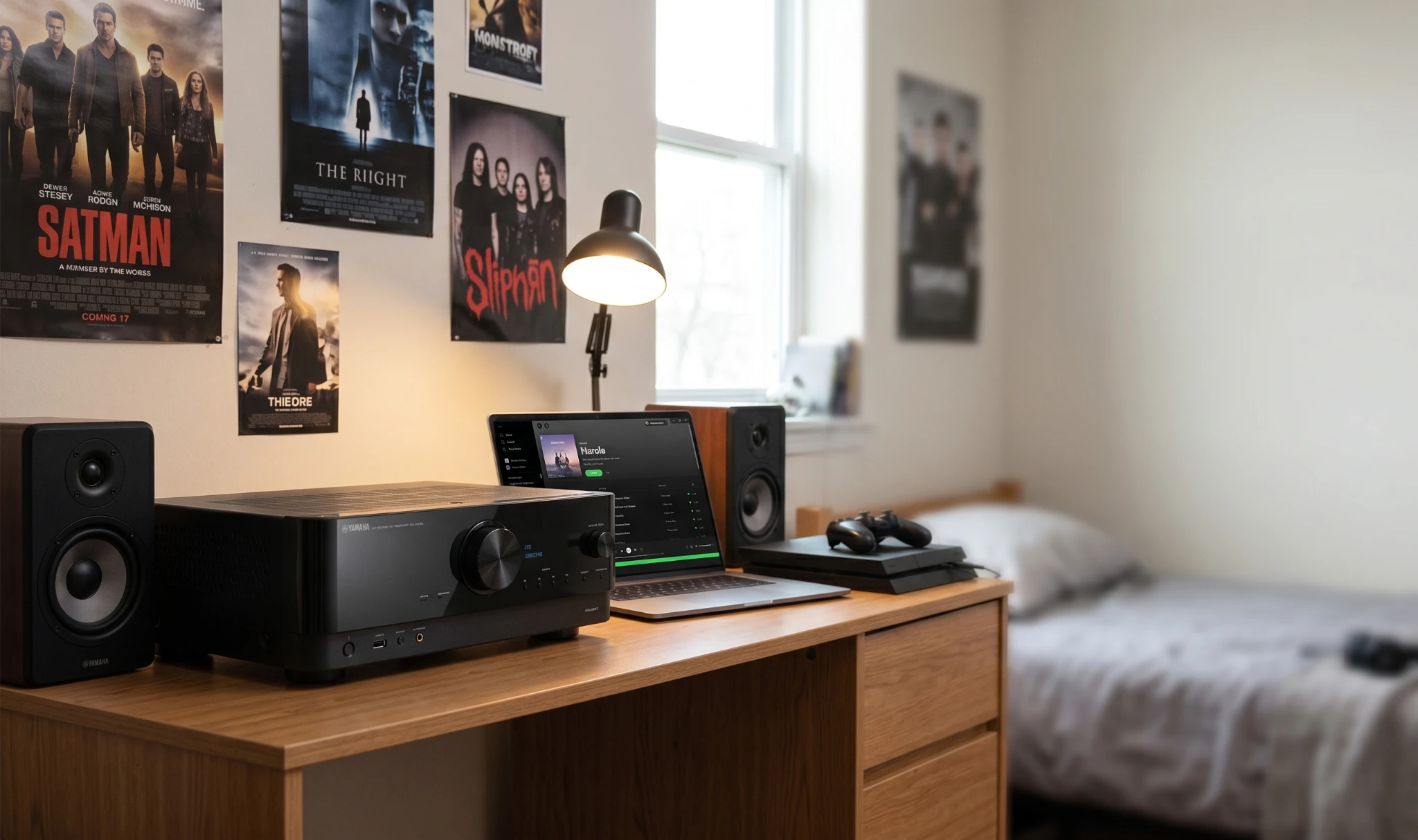 Yamaha RX-V4A AV receiver on a desk setup with speakers and ambient lighting
