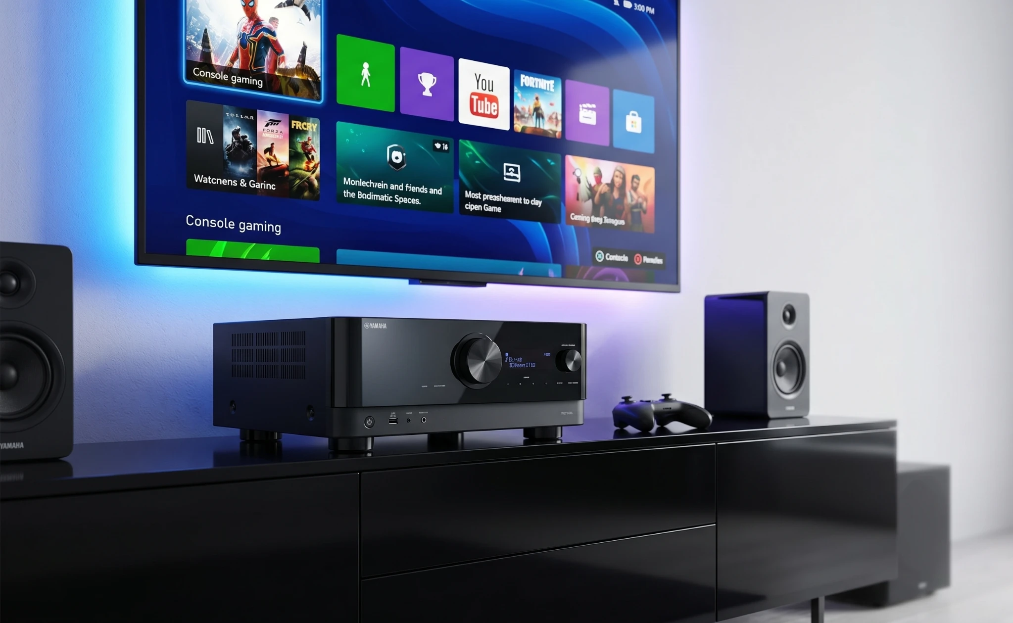 Yamaha RX-V6A AV receiver on a modern media console with speakers and gaming setup