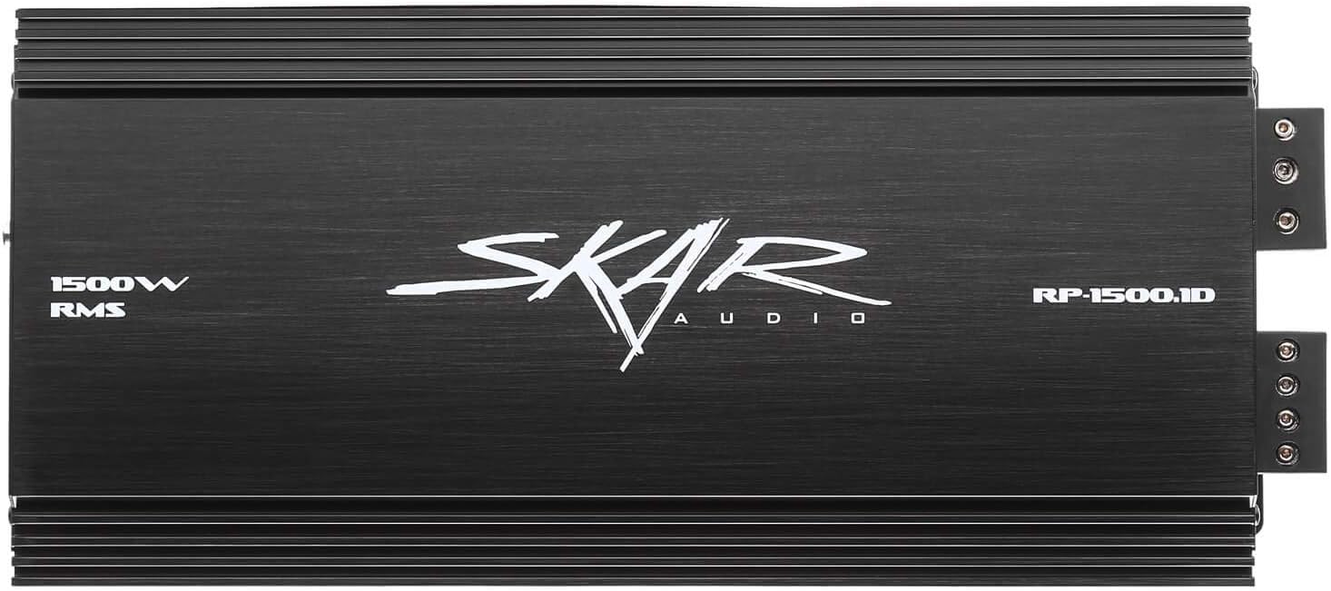 Skar Audio RP-1500.1D Class D monoblock car amplifier with speaker and power terminals