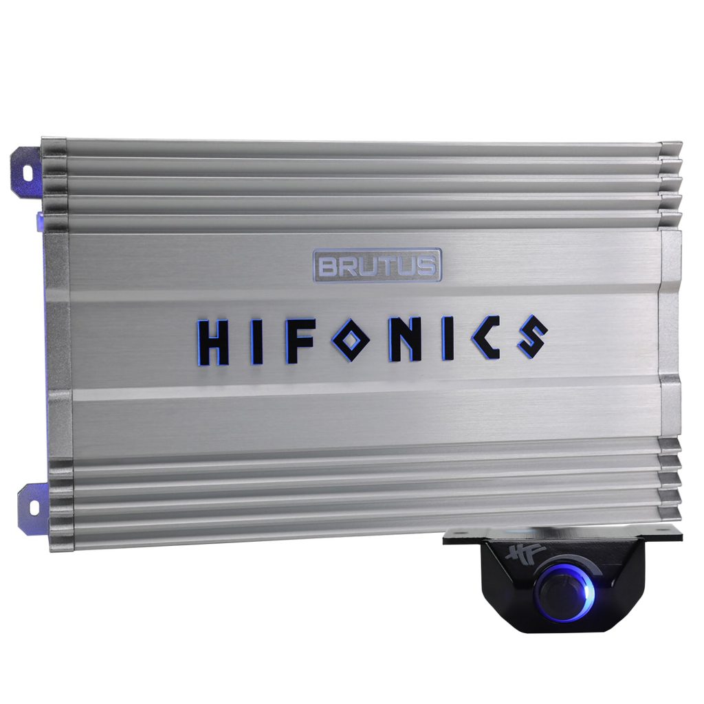Hifonics BG-2200.1D Brutus Gamma mono amplifier top panel and illuminated logo