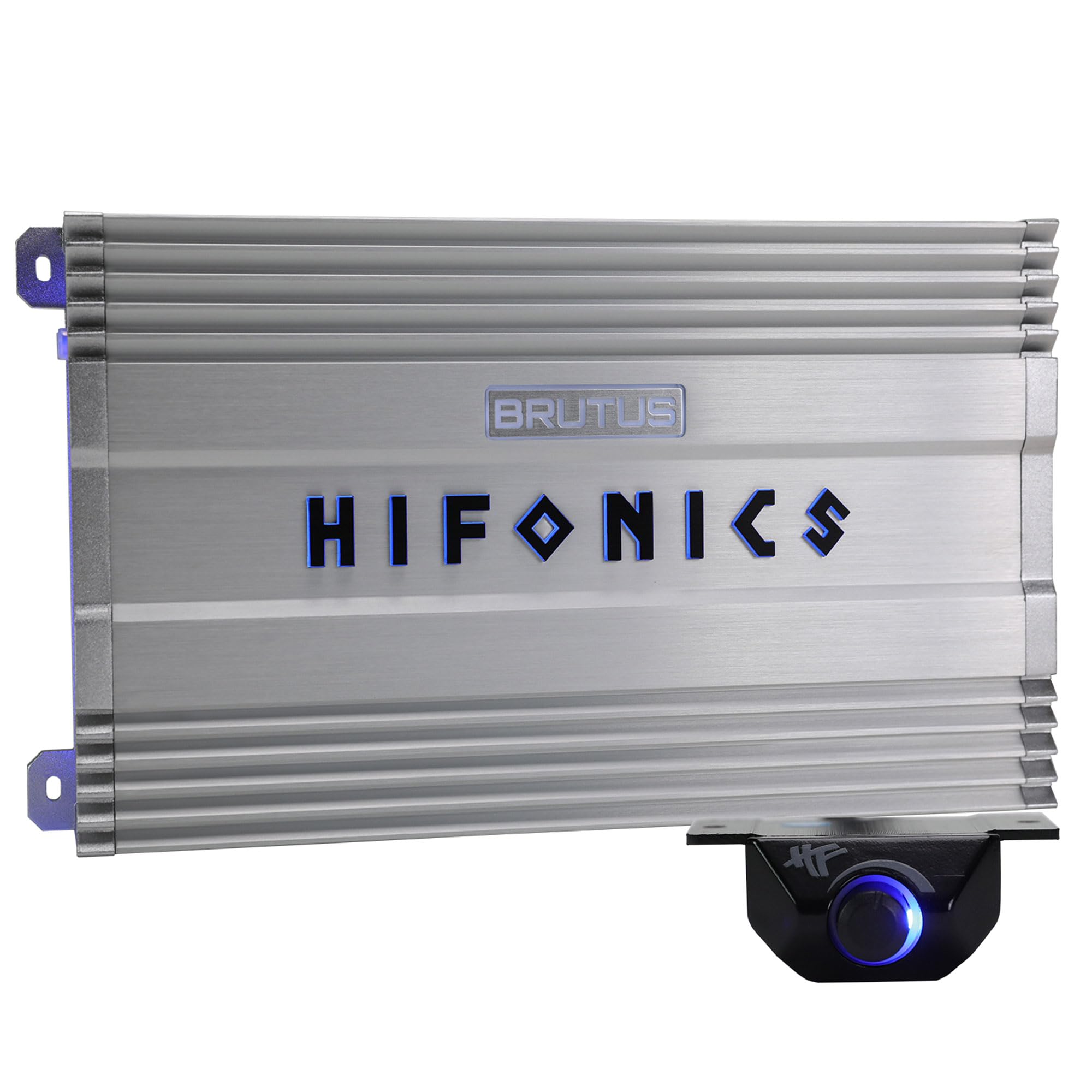 Hifonics BG-2200.1D Brutus Gamma mono amplifier top panel and illuminated logo