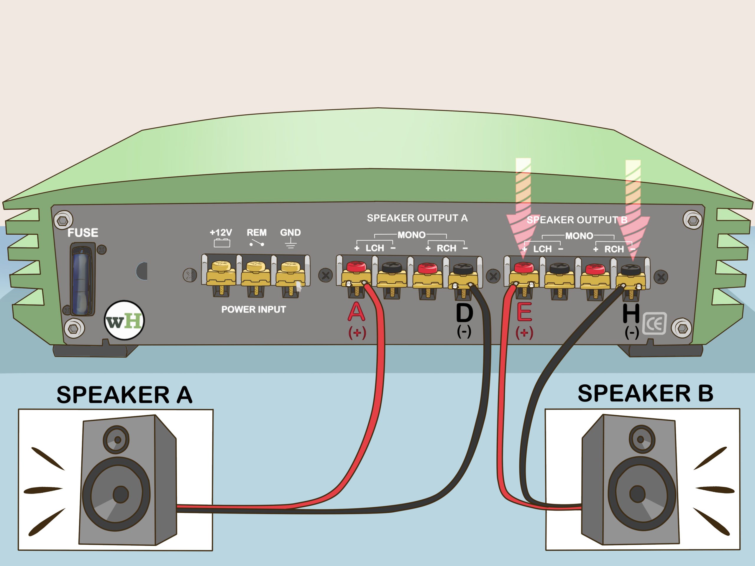Wiring diagram showing bridging example - FL+ to FR- for mono bridged output