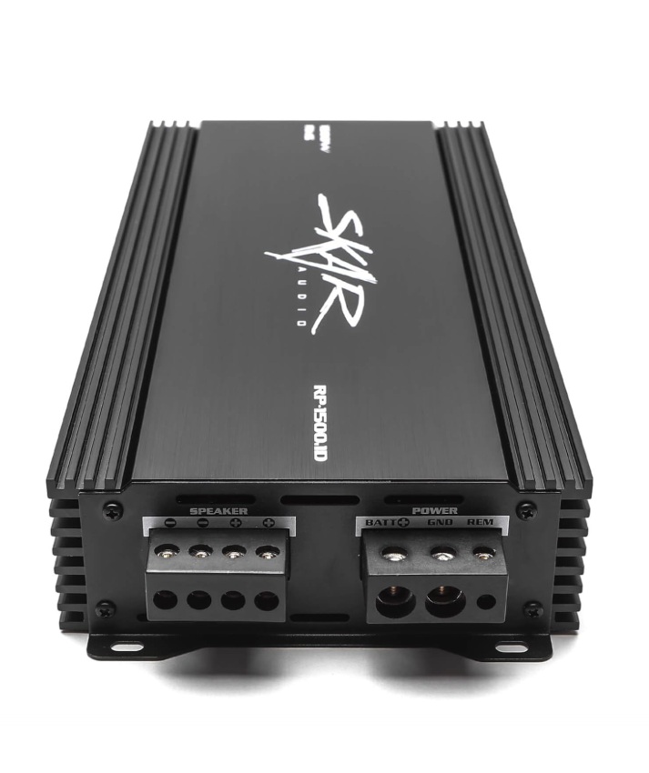 Skar Audio RP-1500.1D Class D monoblock car amplifier with speaker and power terminals