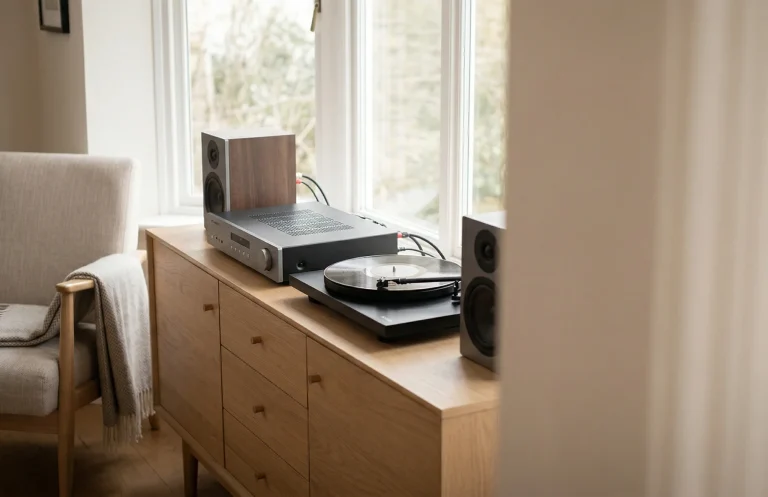 Cambridge Audio AXA35 compact amplifier in a minimalist desk setup with nearfield speakers and turntable