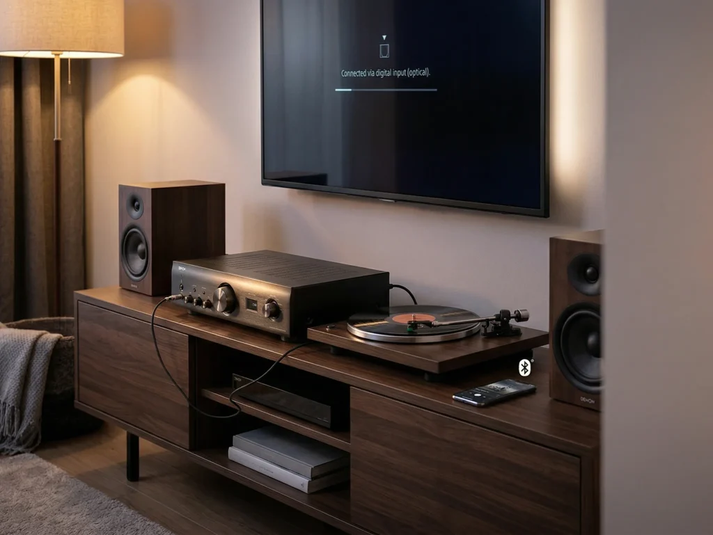 Denon PMA-600NE integrated amplifier in a modern home setup with TV, speakers, and turntable