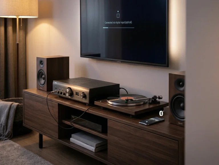Denon PMA-600NE integrated amplifier in a modern home setup with TV, speakers, and turntable
