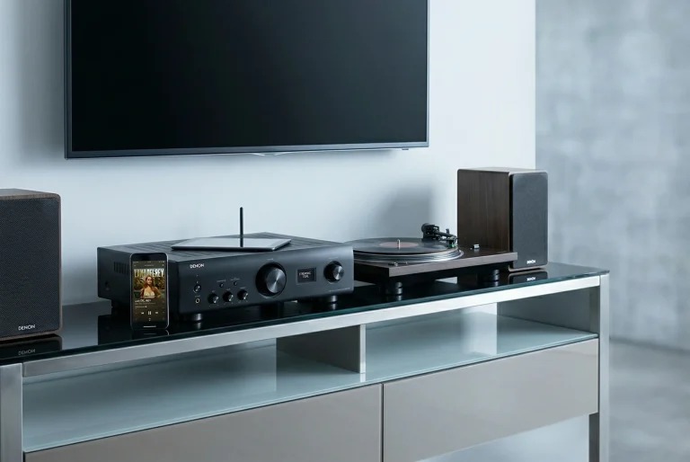Denon PMA-900HNE streaming integrated amplifier in a modern connected living room setup with speakers and turntable