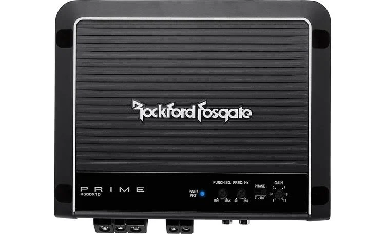 Rockford Fosgate R500X1D mono amplifier front panel and terminals
